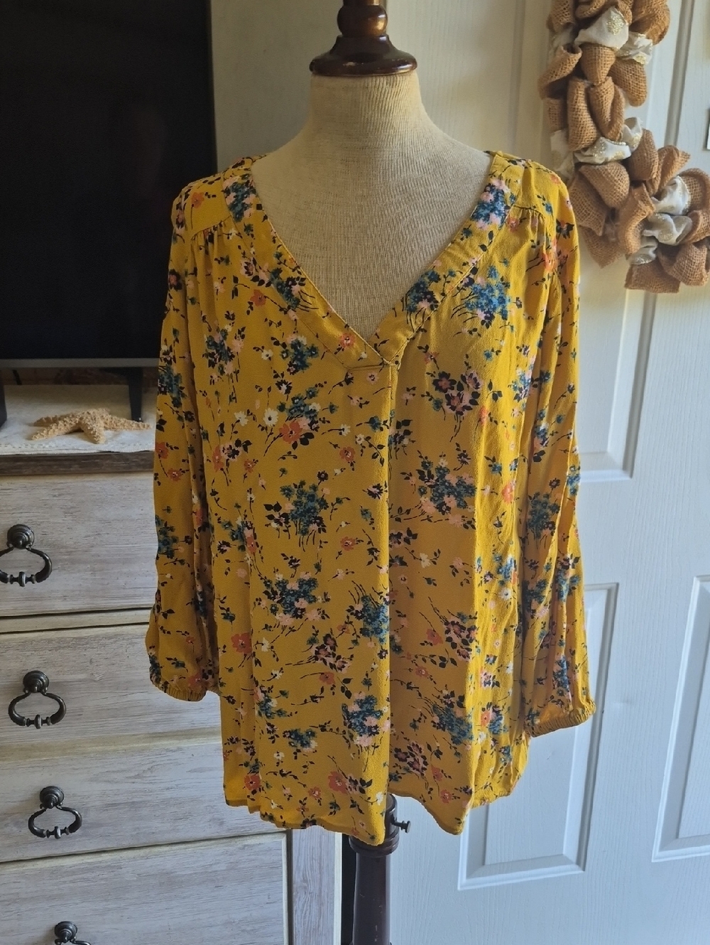 Mustard Yellow Floral V-Neck Women’s Blouse